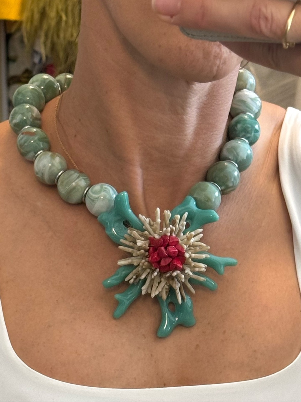 Chunky Turquoise Green Coral Reef Statement Necklace Coastal Resort